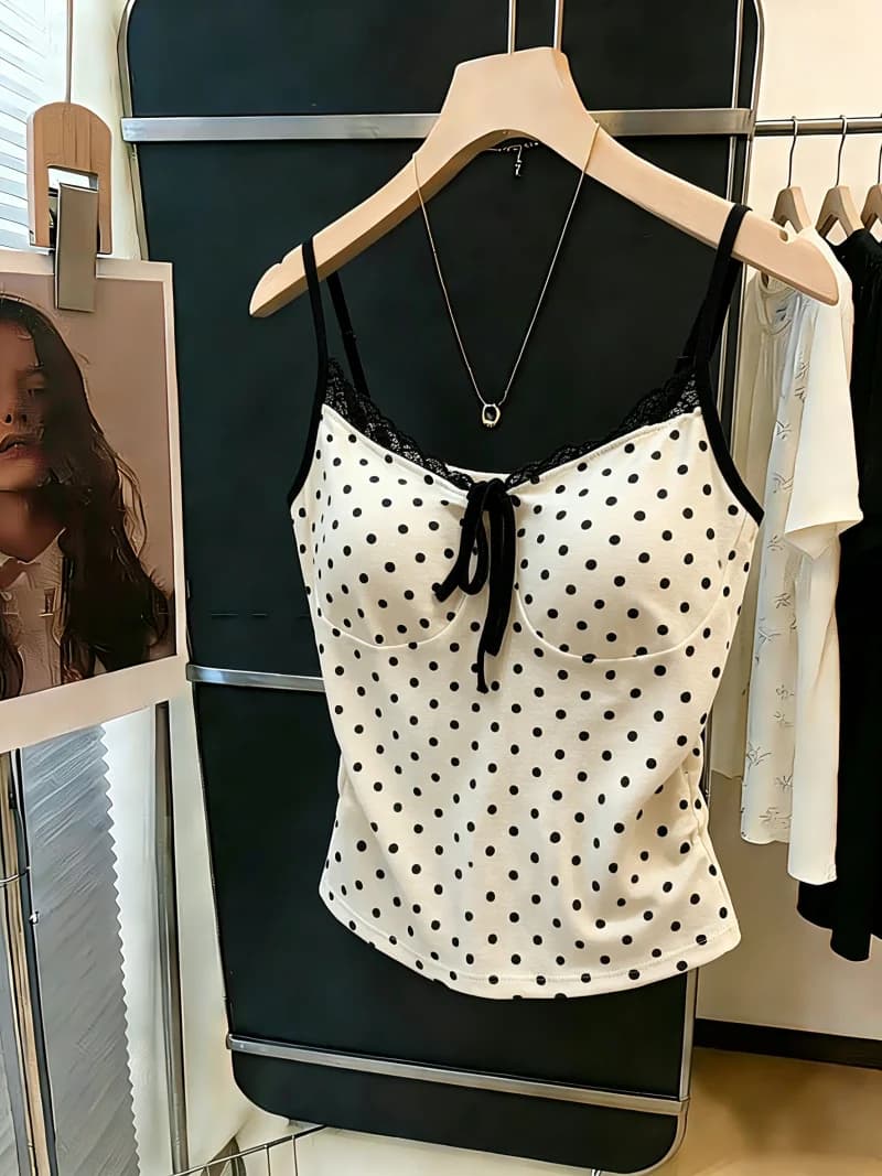 Nuovo Top Estivo da Donna in Pizzo con Punti a Pois e Cintura, Stile Coreano Slim Fit