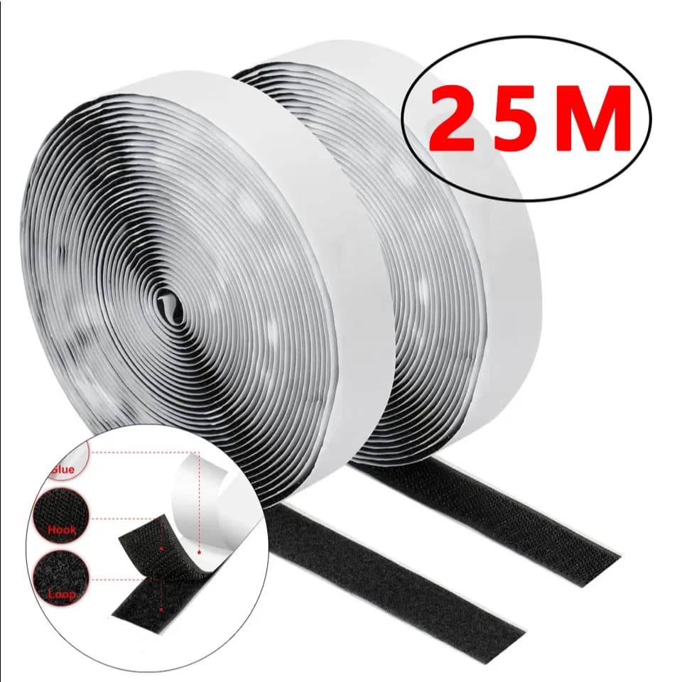 1-25 m Self-adhesive Hook and Loop Tape, Black Nylon Strap Strong Sticky Double Sided Fastener Strips for Home DIY, Craft, Car