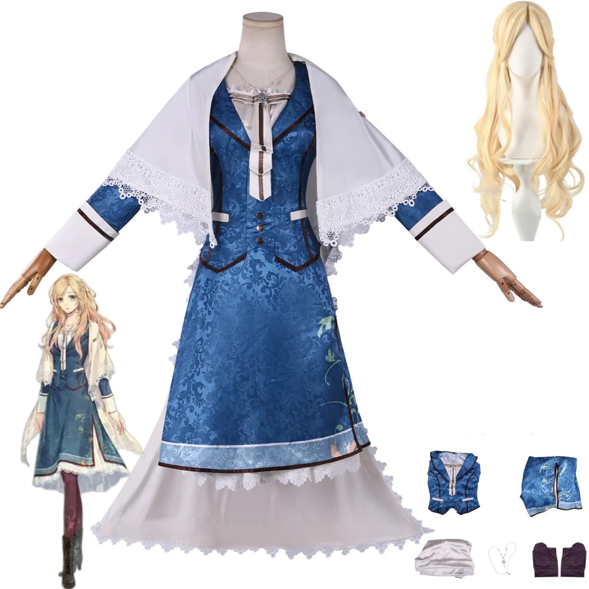 Costume Cosplay Pio Fiore No Banshou Liliana Adornato, Abito da Sera Blu con Mantello e Parrucca, per Donna, Ideale per Carnevale e Feste in Maschera