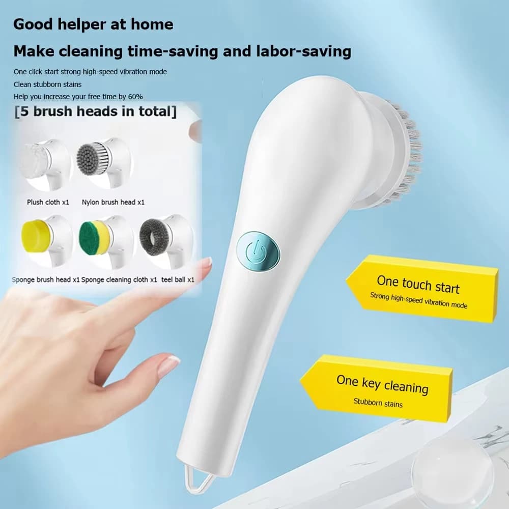 Spazzola per pulizia elettrica multifunzionale 5 in 1 ricarica USB Spazzola per lavare il bagno Strumento per la pulizia della cucina Spazzola per piatti Vasca da bagno