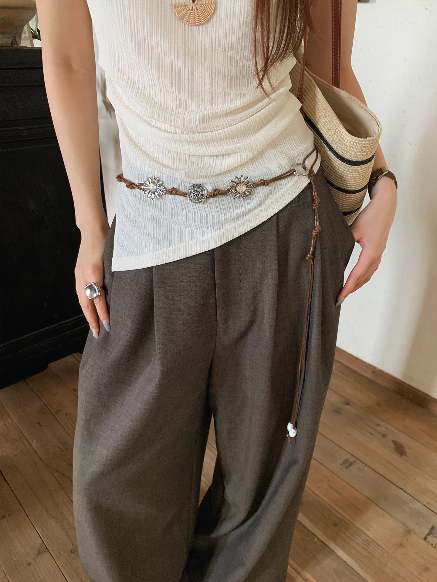 Vintage Old Money Style Sunflower Beaded Woven Waist Rope Women's High-End Personalized Waist Chain With Jeans Belt