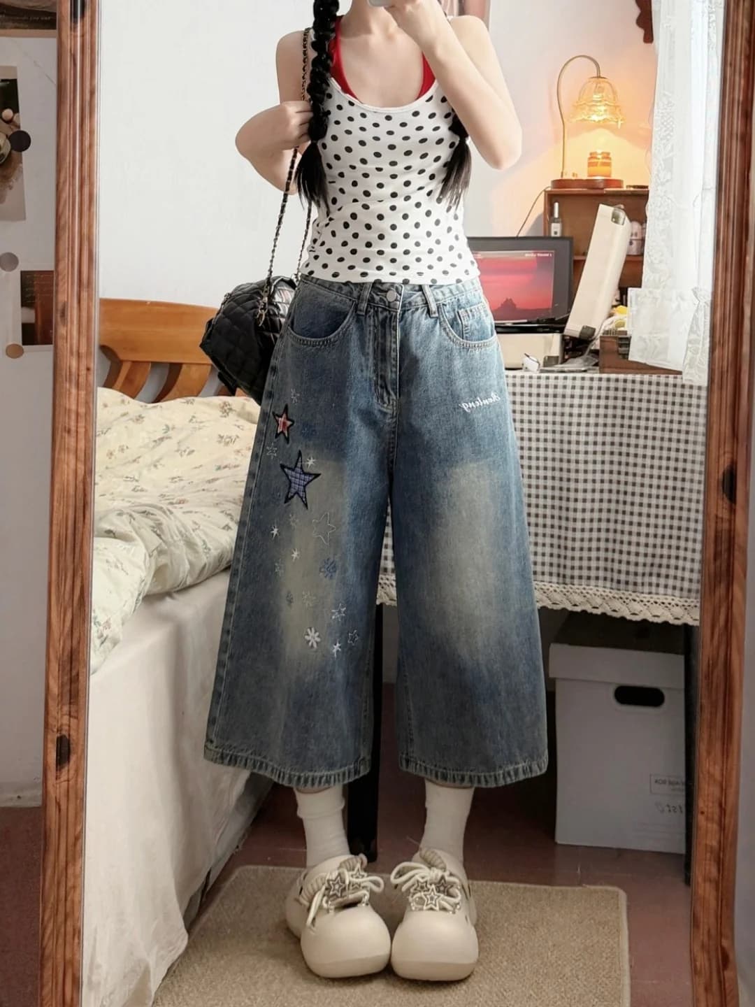 Loose Wide Leg Blue Jeans Women's Summer High Waist Trousers Star Patch Work Casual Comfortable plus Size Denim Pants