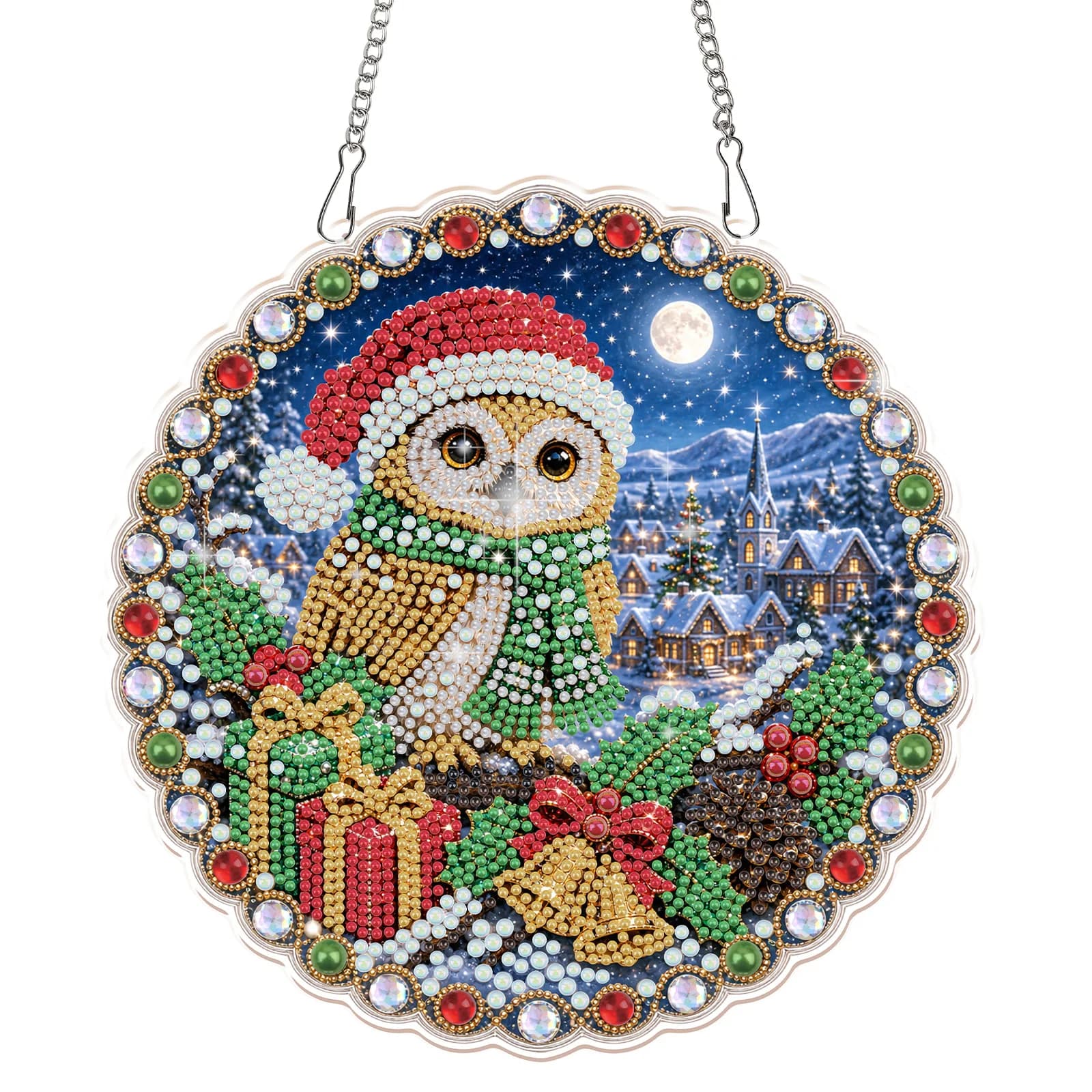 Christmas Pearl Diamond Painting Pendant Kit,Christmas Owl Pearl Art Window Pendant Craft Kit For Garden Hanging Ornament Gift