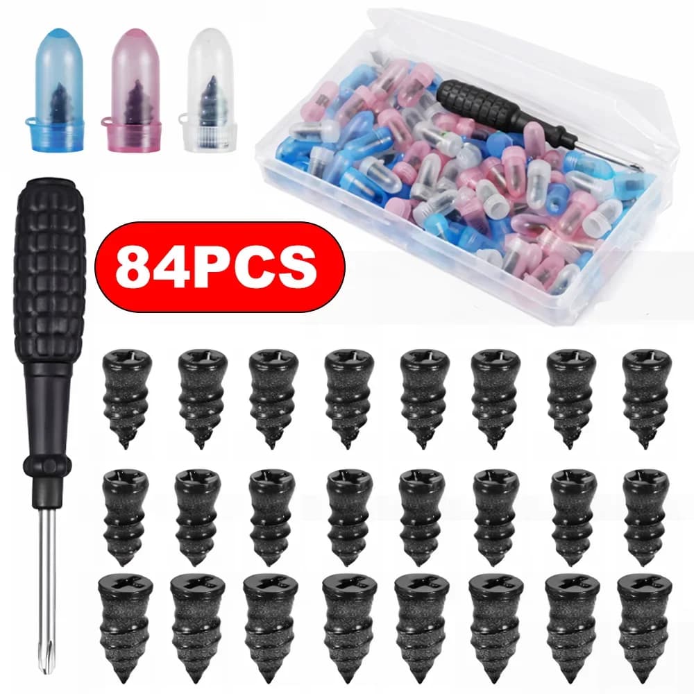 Kit di Riparazione Pneumatici 22/84 Pezzi, Set di Attrezzi per Forature con Cacciavite, Tappi per Pneumatici con Vite, Chiodi per Riparazione Pneumatici