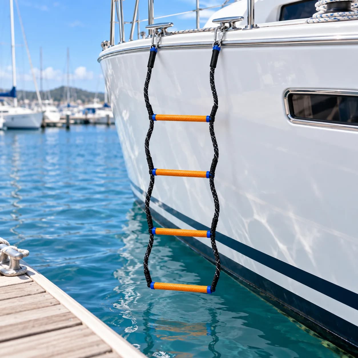 Portable Marine Rope Ladder with 4 or 5 Soft Treads for Side-Hanging Access and Compact Storage on Sailboats Yachts and Docks