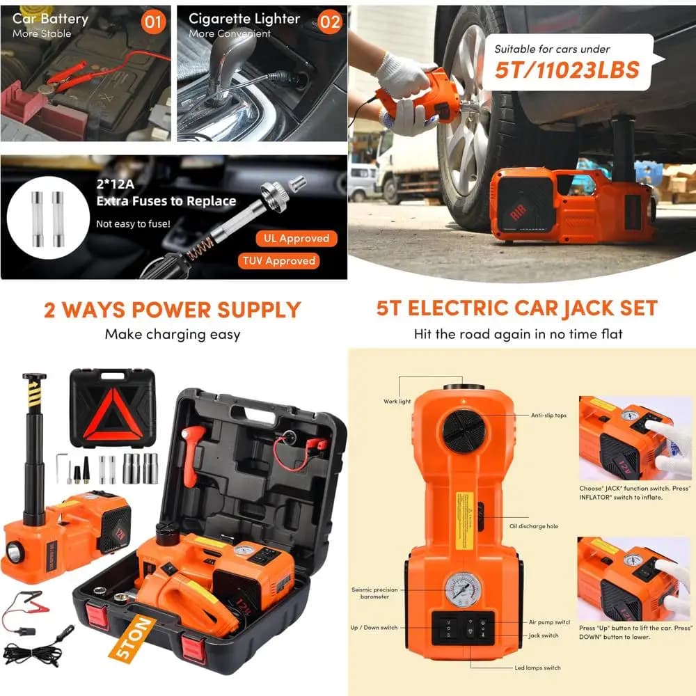 Kit Martinetto Idraulico Portatile 12V - Capacità 5 Tonnellate, Chiave a Impatto e Gonfiatore Pneumatici, Sollevamento 6-17,7 Pollici, Luce LED