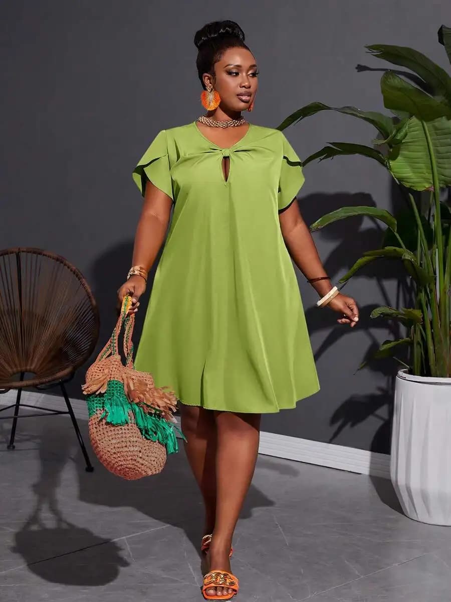 Slaydiva Plus Vacation Casual Non-Stretch Woven Loose Fit A-Line Twist Knot Green Plus Size Dress For Women