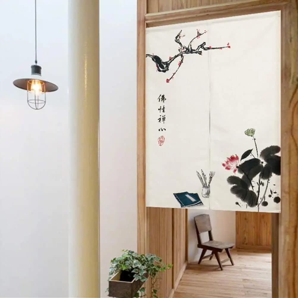 Tenda Noren Zen con Motivi di Fiori di Prugna e Loto, Arte Tradizionale Cinese a Inchiostro, Stampa di Calligrafia e Libro su Pennello, Impermeabile e Lavabile, Stile Giapponese