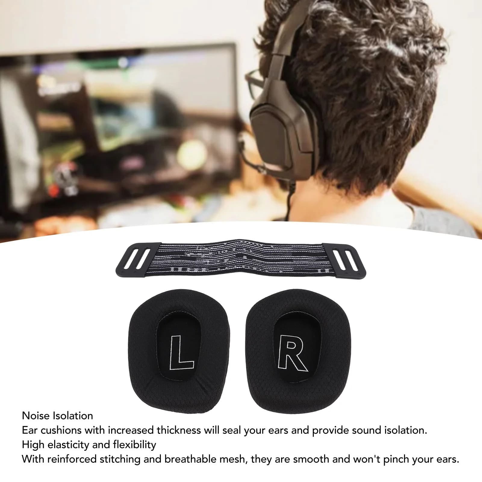 Headset Ear Pads Breathable Mesh High Density Memory Foam Ear Cushions with Headband Straps for G733 Wireless G335 Wired Gaming