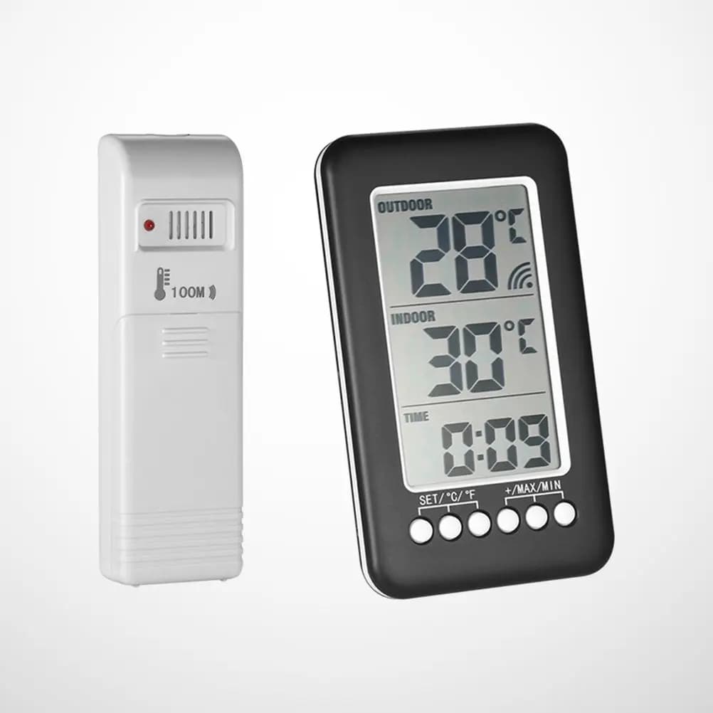 Wireless Indoor Outdoor Thermometer Digital Clock with Large LCD Display Simultaneous Time Temperature Reading Desktop Wall
