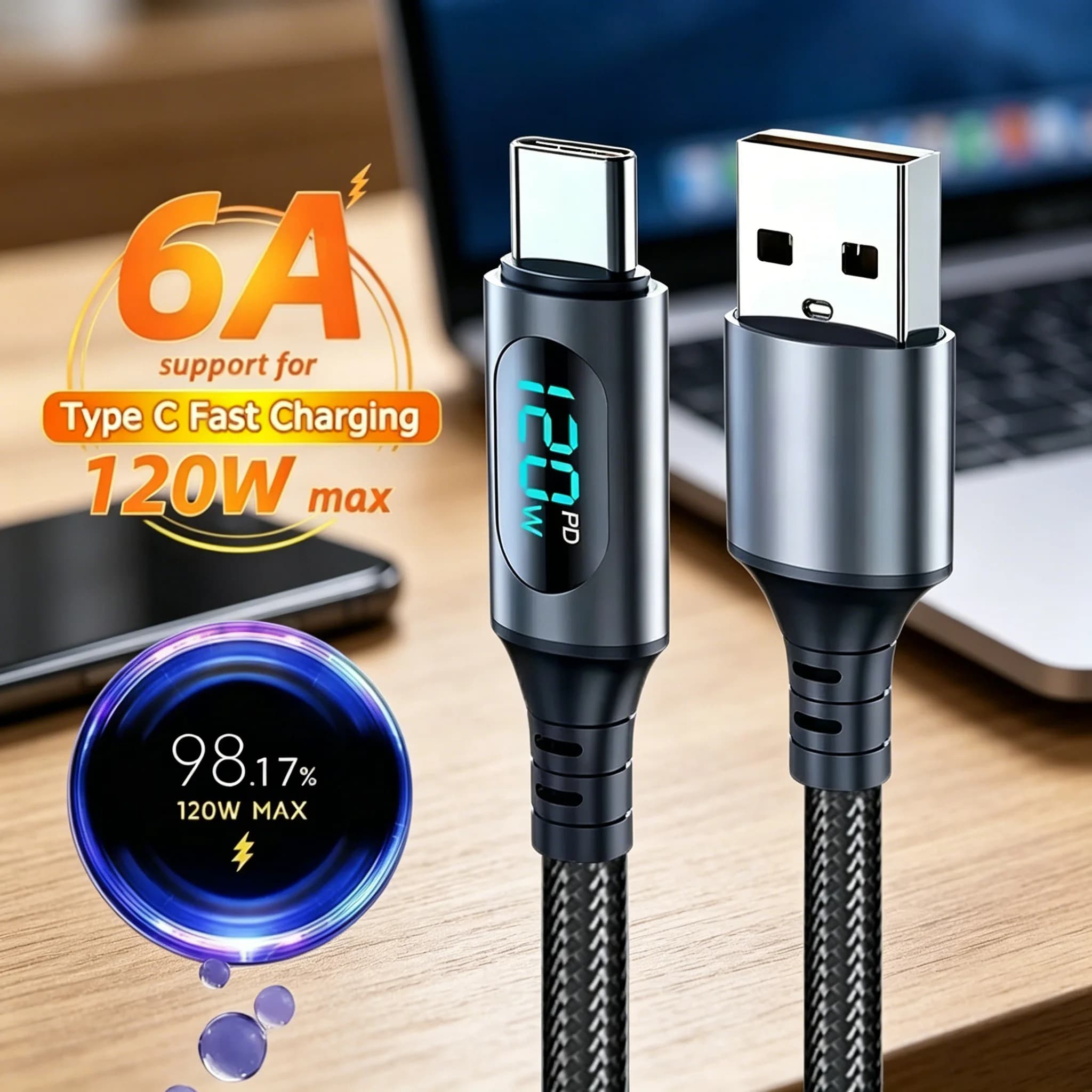 120W 6A USB to Type-C Super Fast Charging Cable, Quick Charge High Speed Data Sync Phone Charging Wire, For Xiaomi Redmi Huawei