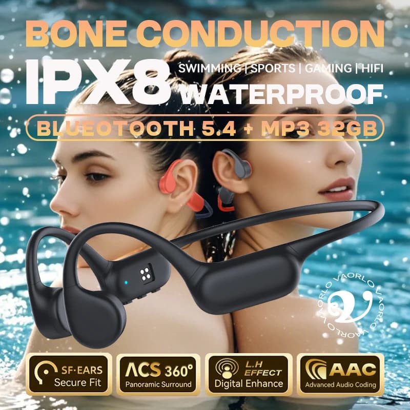 Original Bone Conduction Wireless Headphone IPX8 Waterproof Swimming Open-Swim Pro Sports Earphone Bluetooth 5.4+32GB MP3 Player