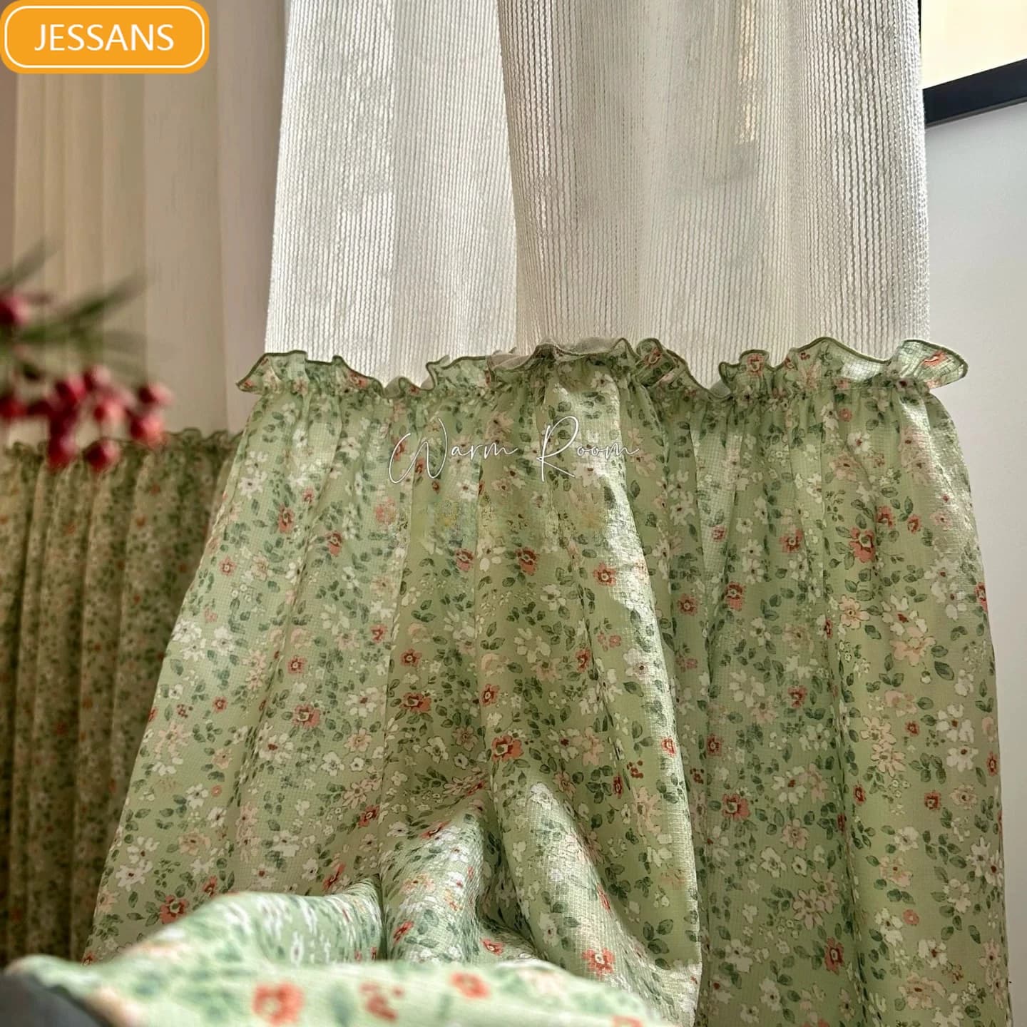 Pastoral Green Floral Gauze Curtain Skirt Splicing Printing Window Screen for Living Room Bedroom French Balcony Customization