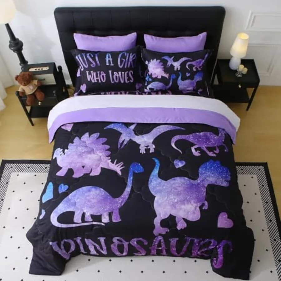 Set copripiumino da 7 pezzi per bambina, con dinosauri, in morbida microfibra, con copripiumino, set di lenzuola, federa e cuscino per bambini.