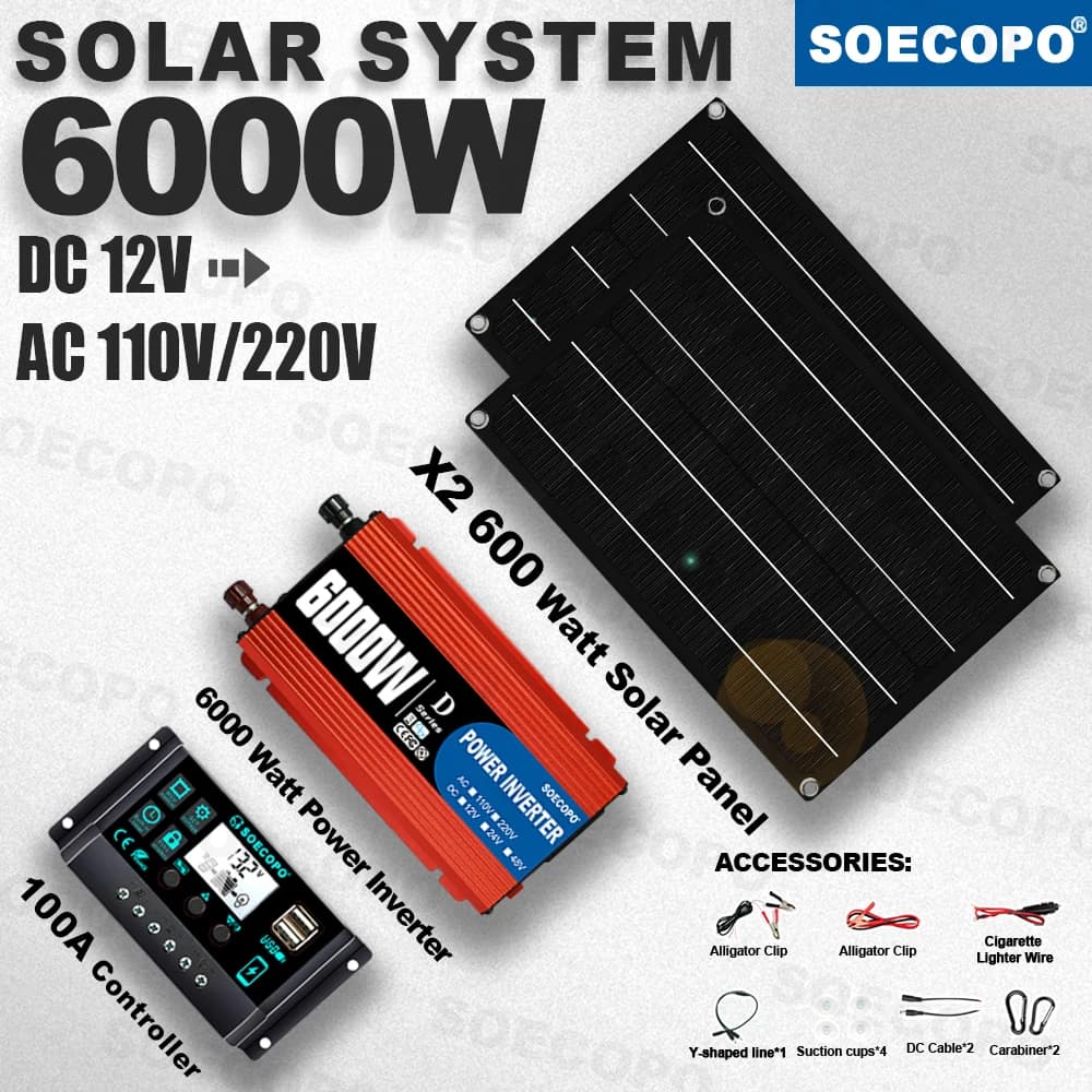Eco-friendly Off Grid 6000W Peak Complete Solar System Kit 2x600W Panel 100A Controller 12V To 110V 220V Inverter for Garden car