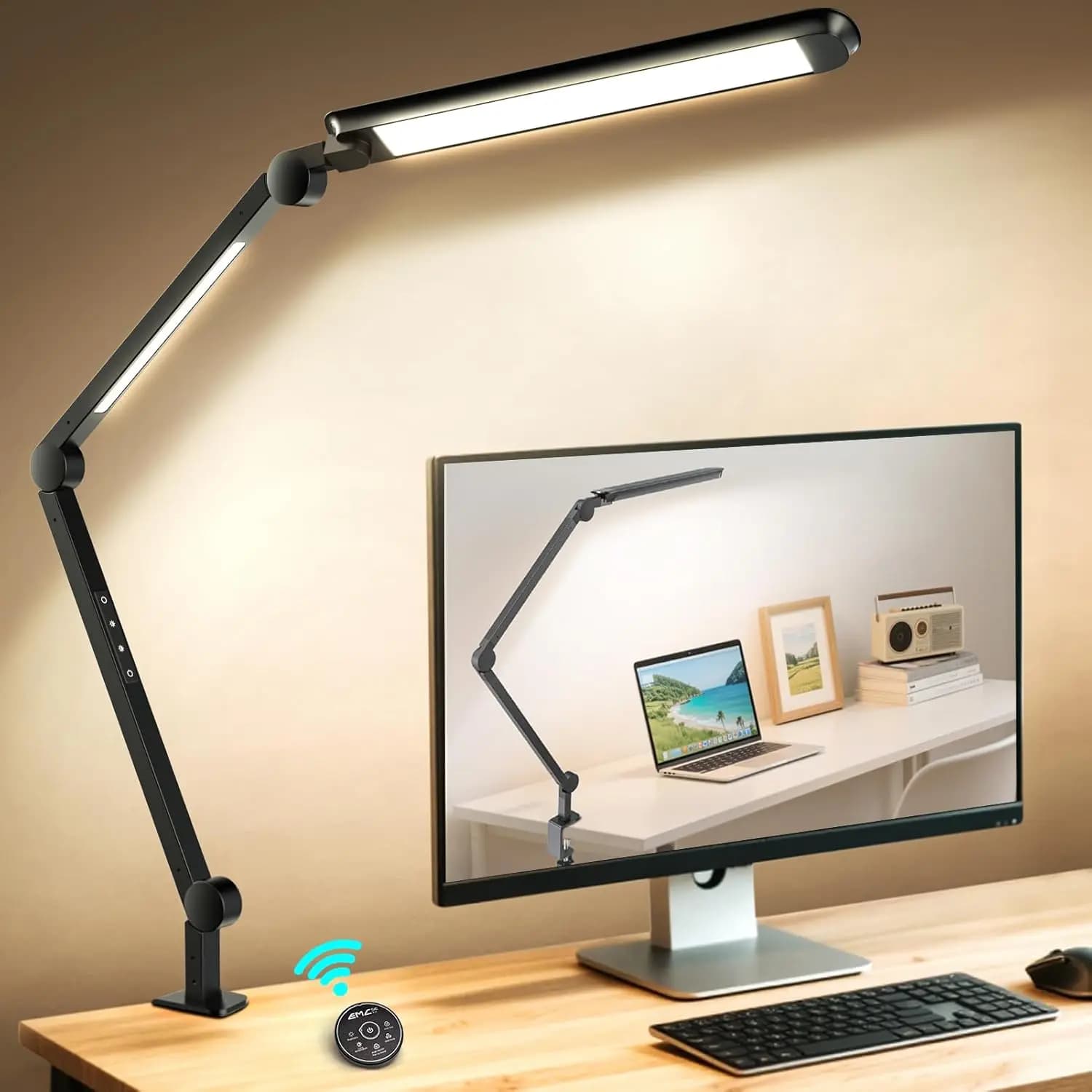 Adjustable LED Desk Lamp with Clamp, Double Light and Remote Control, 4 Color Mode for Home and Office