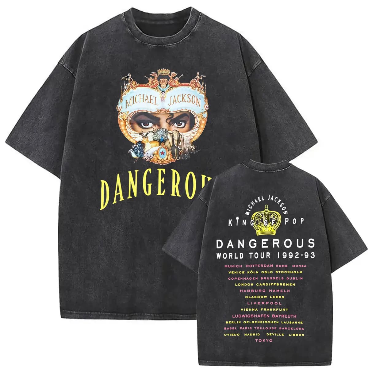 Vintage Washed King of Pop Michael Jackson Dangerous World Tour T Shirts Men Women Harajuku Hip Hop Casual Short Sleeve T-shirts
