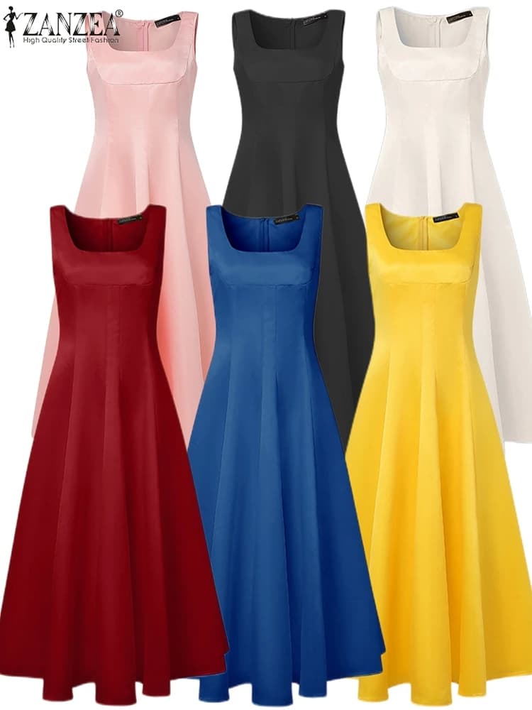 Abito lungo da cocktail party in raso moda donna 6 colori ZANZEA Abiti da sera eleganti a trapezio senza maniche con scollo quadrato per donna