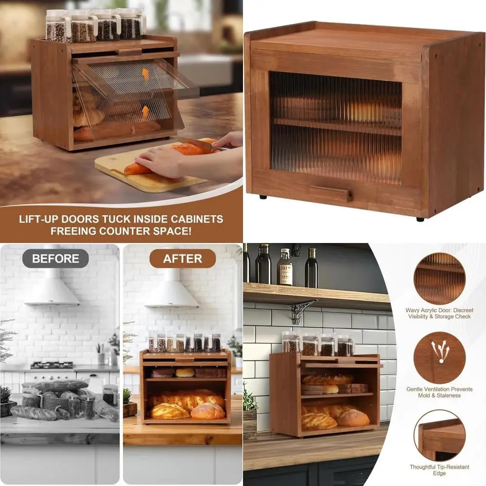Grande Portapane in Legno a 2 Ripiani con Finestra in Acrilico per Organizzazione e Conservazione sul Piano della Cucina (Marrone)