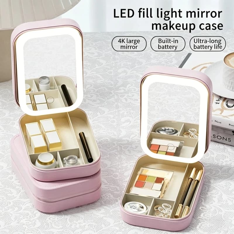 Scatola portaoggetti per specchio da trucco con luce, portatile per uso esterno, piccola scatola portaoggetti per specchio da bagno domestico
