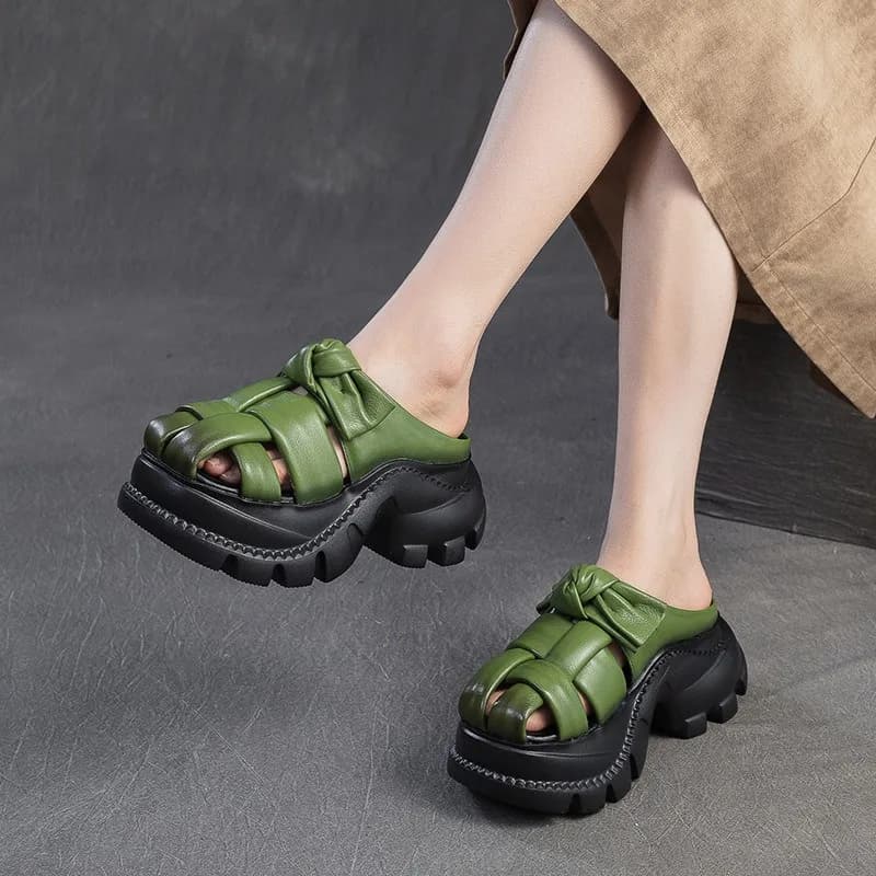 Birkuir Retro Closed Toe Thick Heel Slippers Women Hollow Out Weave Platform Slides Luxury Outdoor Slippers Genuine Leather