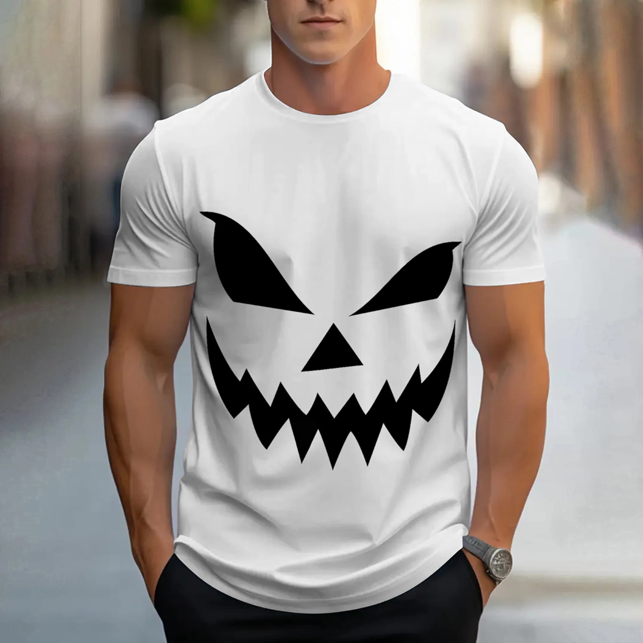 T-shirt casual estiva da uomo con faccia di fantasma, pullover girocollo a maniche corte da uomo alla moda personalizzato, abbigliamento da uomo