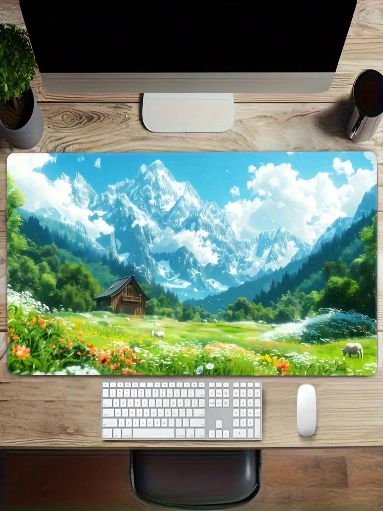One-Piece Set Of Mountain Landscape XXL Extra-Large Gaming Desk Mat And Mouse Pad - Non-Slip Rubber Back, Precision Edging, Widened Surface - Washable Polyester PC Desk Mat, Suitable For Office, Gaming, Graphic Design, Video Editing - Durable Computer Acc