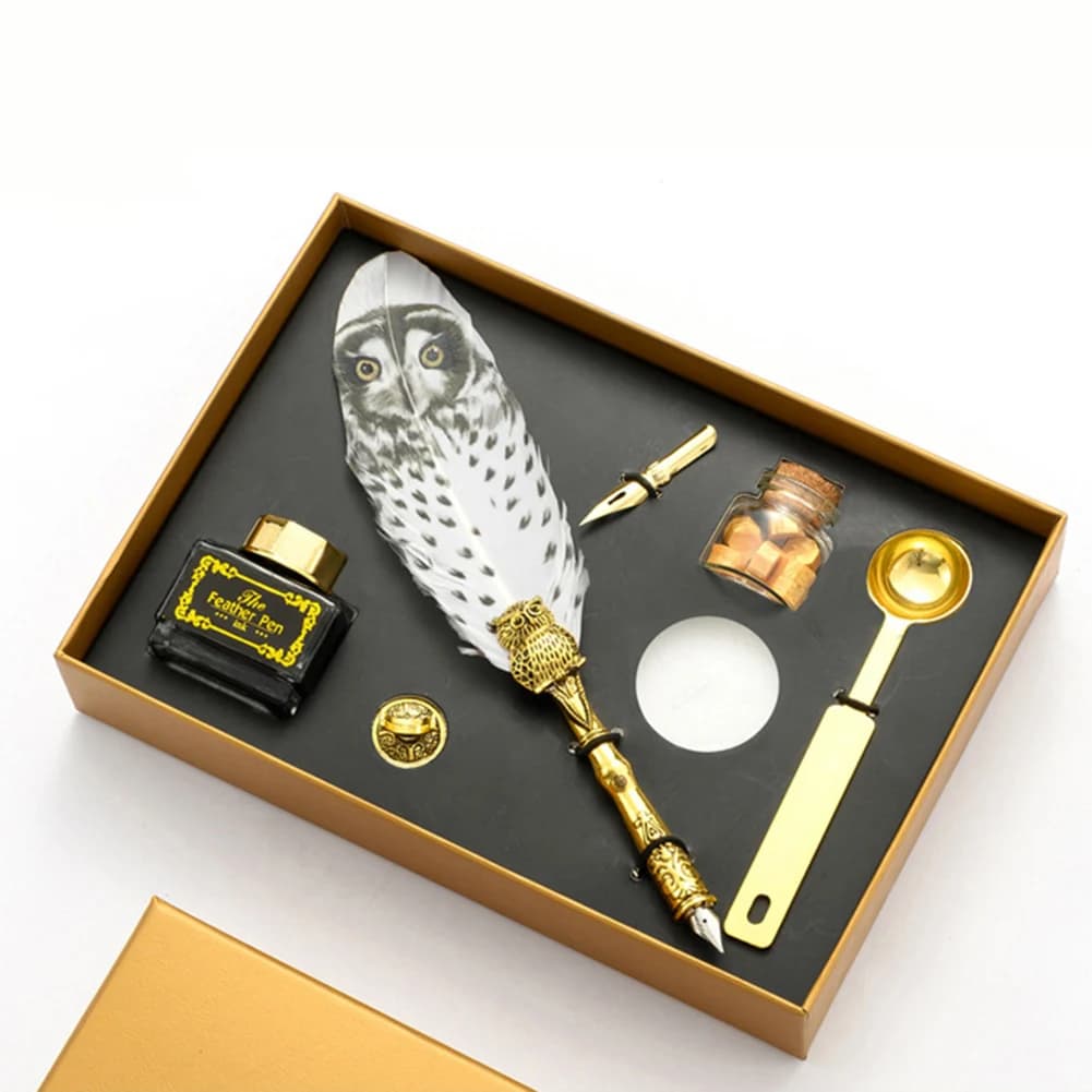 Creative Fountain Pen Box Set with Calligraphy Owl Feather Dip Pen Stamp Wax Writing Supplies for New Year Gifts