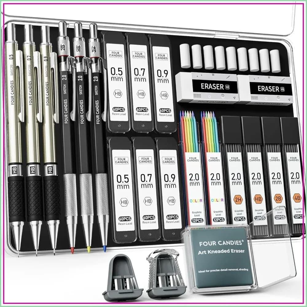 25PCS Mechanical Pencil Set with Case, Metal Pencil 0.5/0.7/0.9 mm & 3PCS 2mm (HB 2H 2B 4B Color) & 432 Graphite Lead Refills, Technical Drawing Kit for Teen & Adults