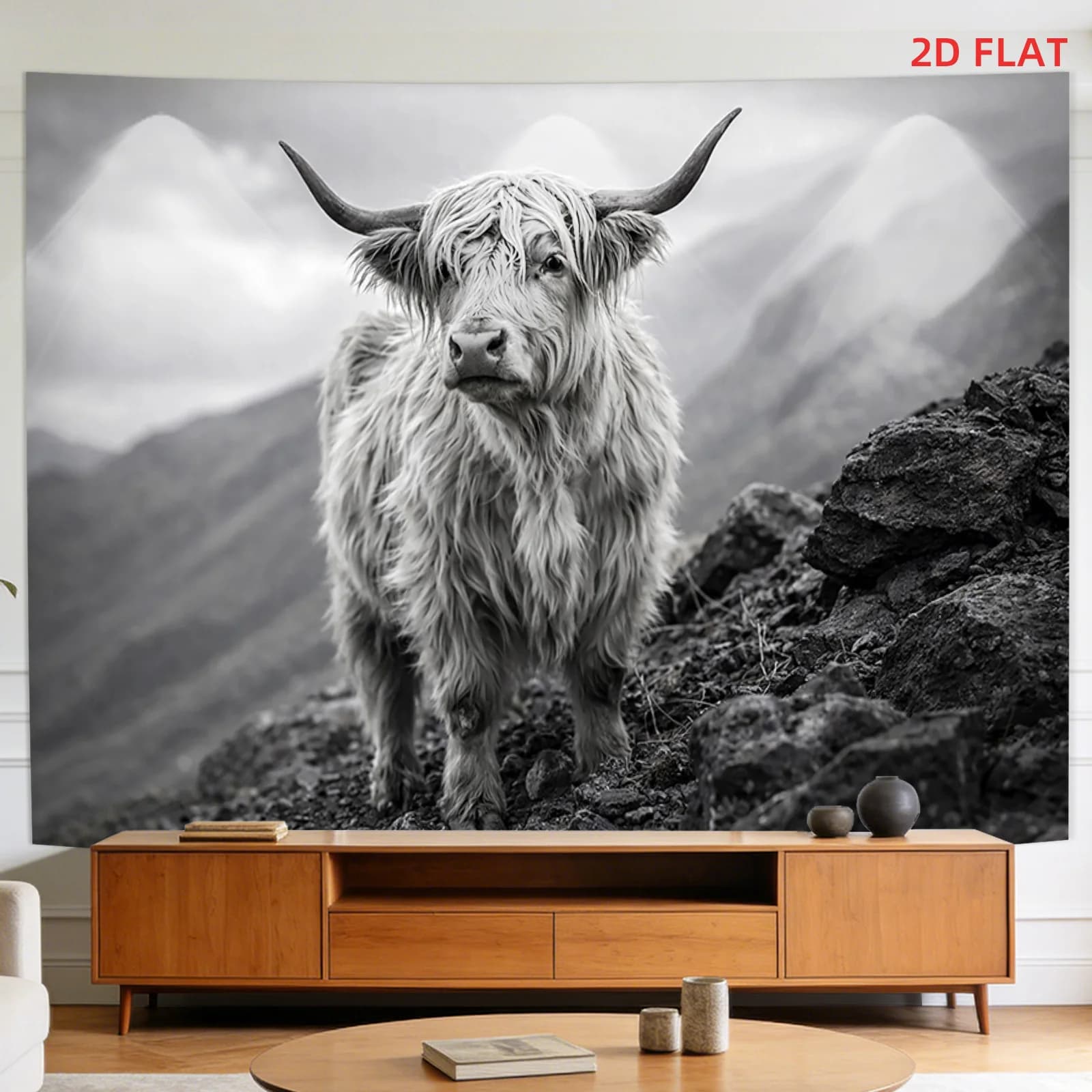 Large Highland Cow Tapestry Black and White Photo Wall Hanging Decor for Living Room Home Accent 150x230cm