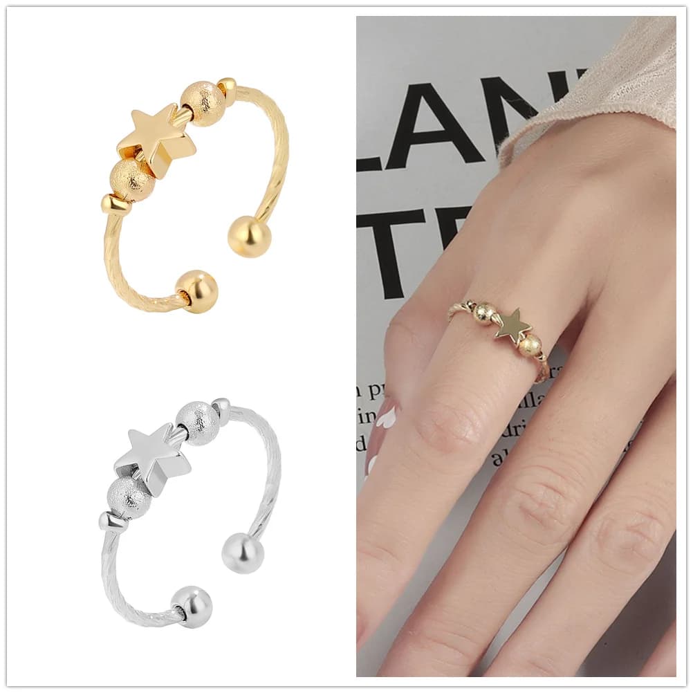 Anello di ansia antistress girevole con stella e perline aperti regolabili per le donne Regali per feste di gioielli Fidget Spinner