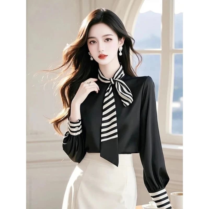 Camicetta vintage patchwork a contrasto a righe primavera autunno nuova camicia elegante ampia a maniche lunghe top moda abbigliamento casual da donna