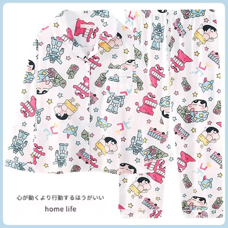 Cute Crayon Shin-Chan Pajamas Two Piece Set For Women Spring Summer Thin Long Sleeve Pyjamas Cartoon Pattern Loungewear Home