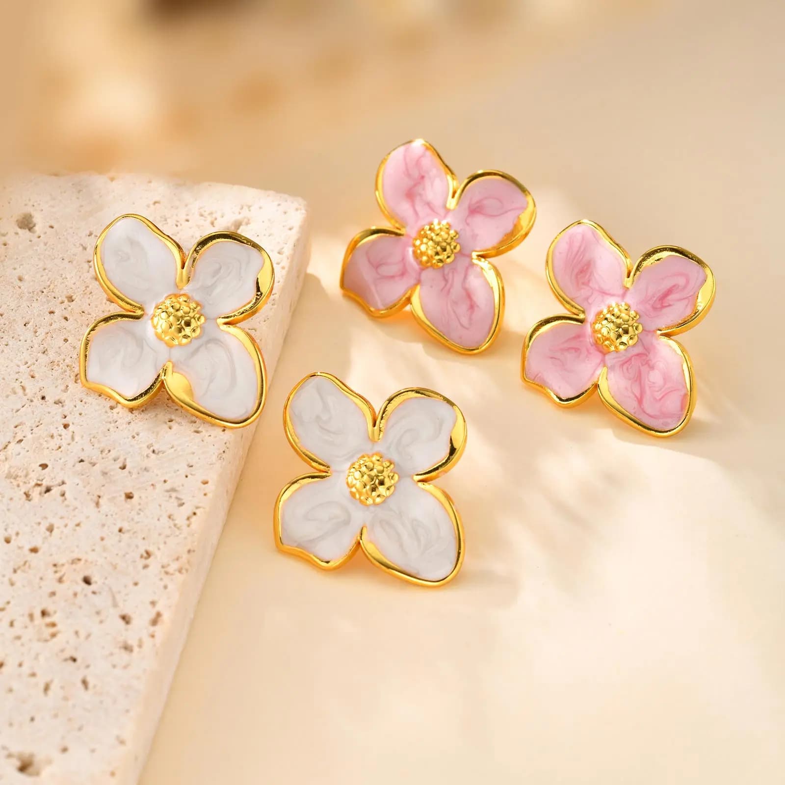 Elegant Pink/white Four-petal Flower Earrings for Women,Waterproof Stainless Steel Stud Earrings,Fashion Geometric Jewelry Gifts