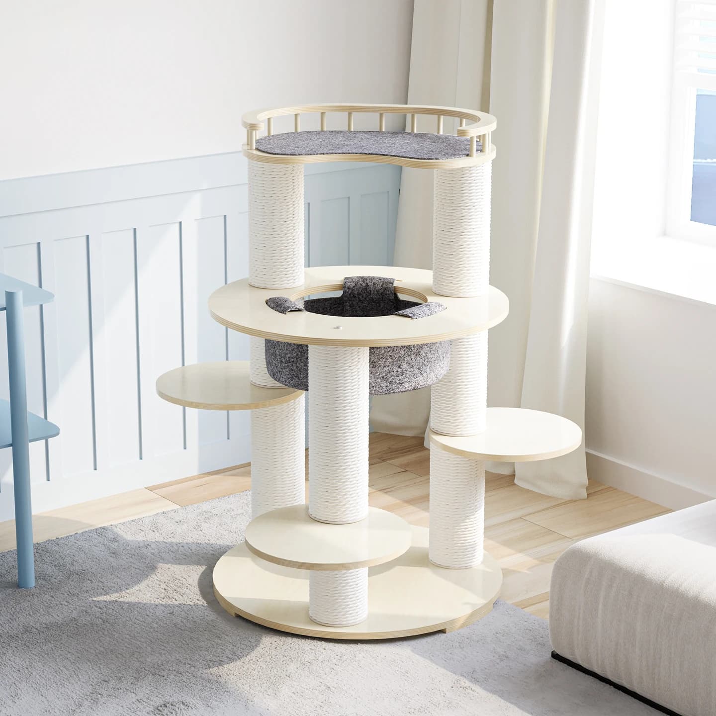 Modern Multi-Level Cat Climbing Frame 168cm Tall Wooden Activity Tower with Hammock Condo and Scratching Posts for Indoor Cats