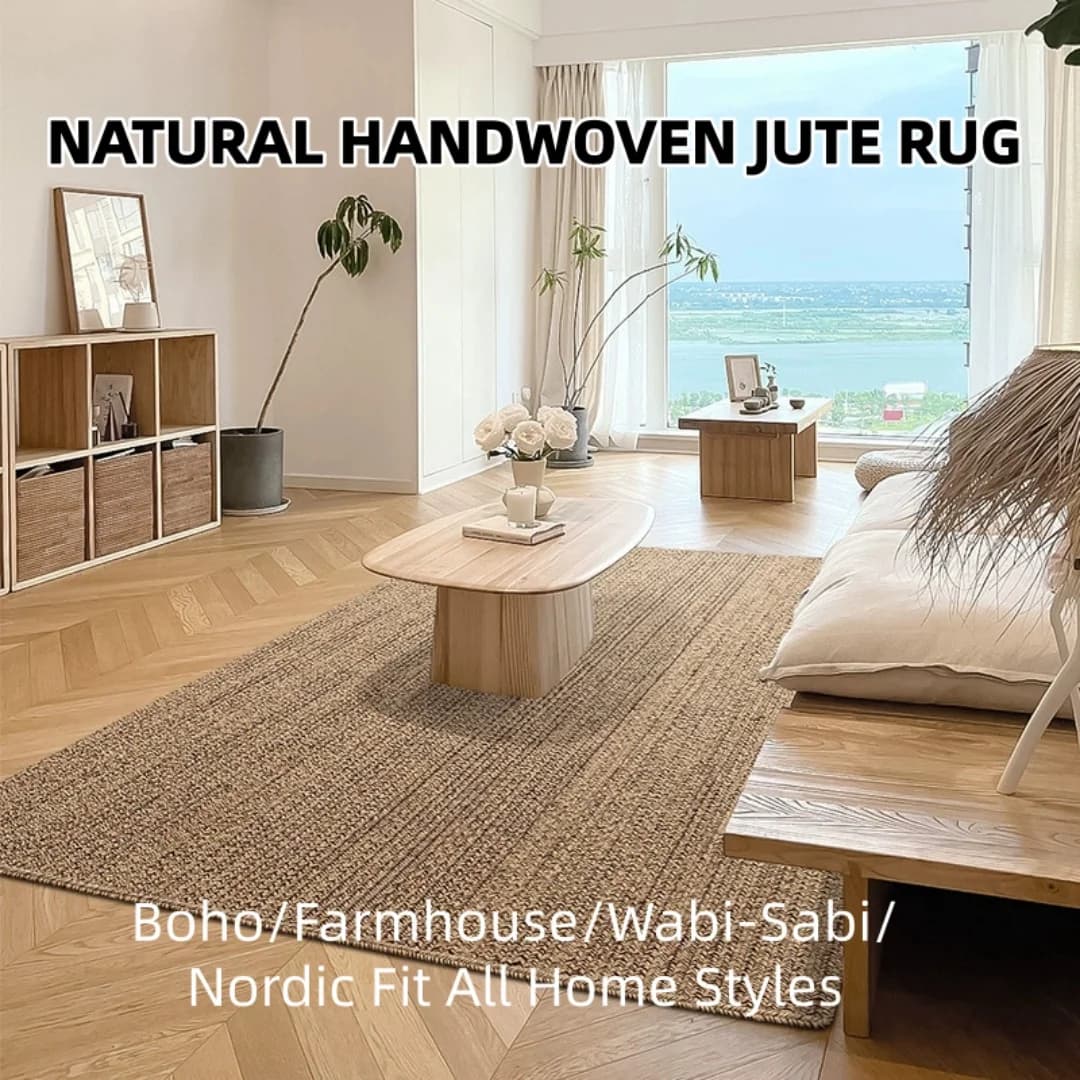 Handwoven Natural Jute Area Rug Reversible Boho Farmhouse Carpet Durable Easy Clean for Living Room Bedroom Multi Size Available