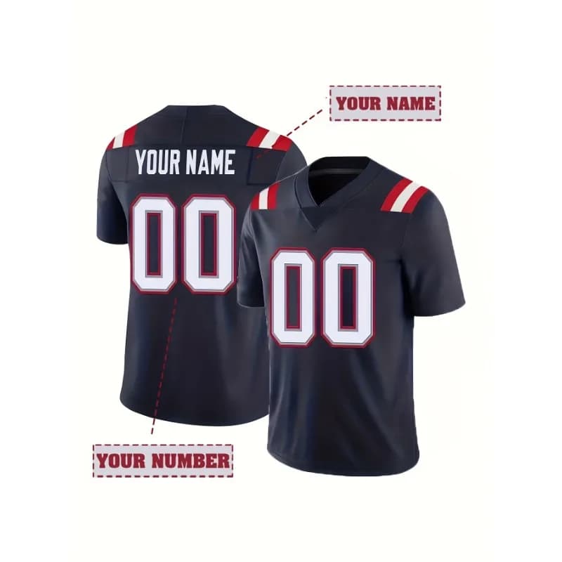 Maglia da football americano ricamata da uomo con nome e numero personalizzati Camicia a maniche corte personalizzata con scollo a V blu New England