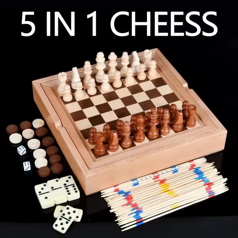 5 in 1 Wooden Chess Board Handmade Customized Portable Travel Game Set Game With Pieces Storage Slots Beginner for Kids & Adults