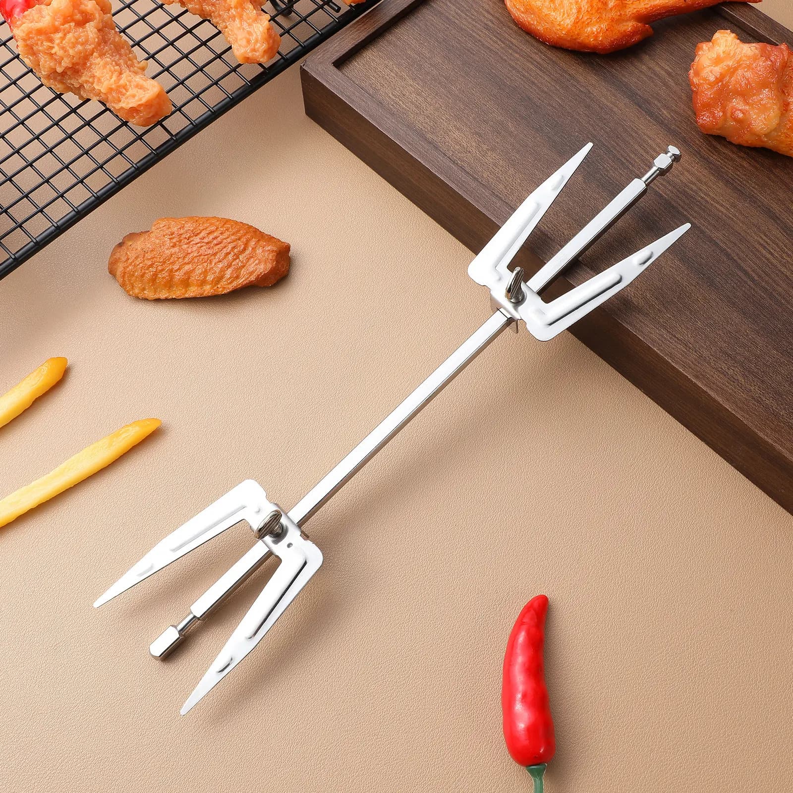 Rotating Roast Chicken Fork Stainless Steel Air Fryer Meat Grilling Fork for Home Bbq Party Poultry Fish Roasting Oven Safe
