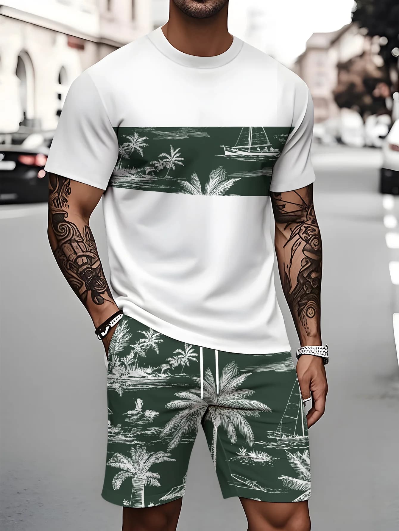 Summer Completion 2026: T-Shirt and Men's Shorts – Look Streetwear Elegant – Top Oversize Sleeves Court 3D with Print Palma