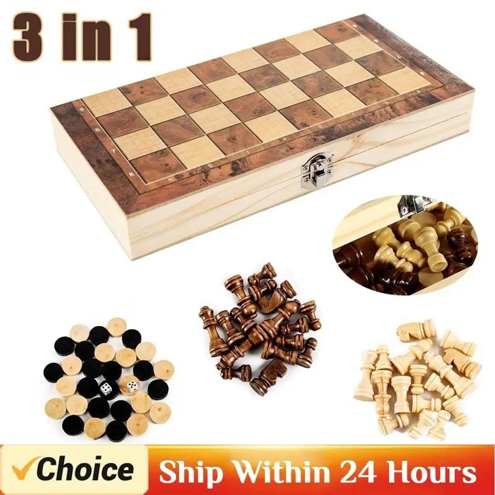 Gioco di scacchi 3 in 1 Tavolo da gioco pieghevole Set di scacchi in legno Set di scacchi squisito Set di giochi di scacchi e dama per bambini adulti