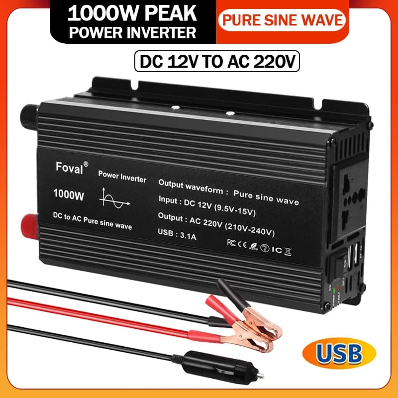 Convertitore adattatore inverter di potenza per auto a onda sinusoidale pura 1000W 1500W 2200W 2600W DC 12V a AC 220V con doppio USB 3.1A EU/universale