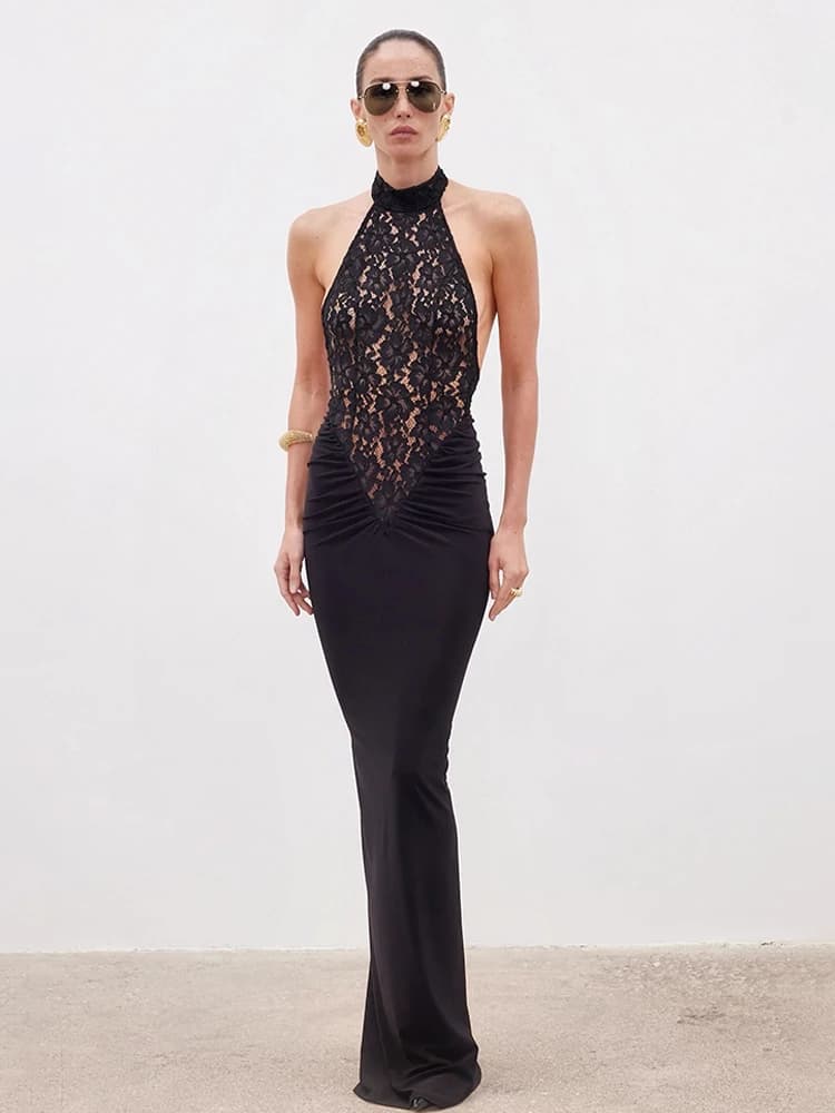 Lace Patchwork Dresses for Women Fashion Sexy Streetwear Solid Sleeveless Canotta Guaina Hip Wrap Long Dresses Elegant feminine Robe