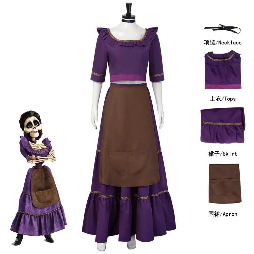 Costume di Halloween Abbigliamento Abiti di moda per donna Fantasma Lady Imelda Abito viola Top Gonna Grembiule Set Cosplay