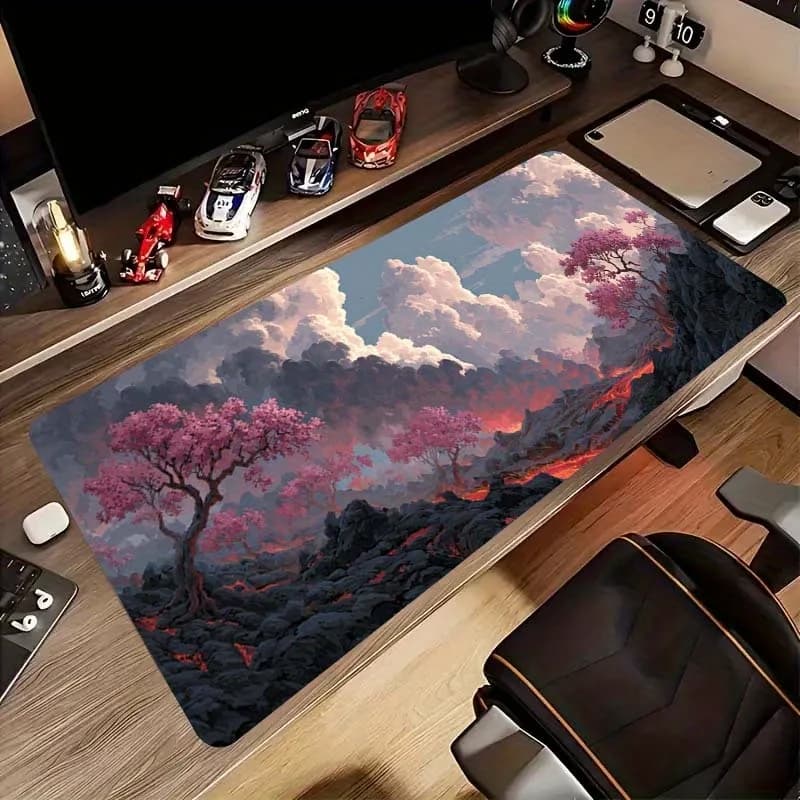 Tappetino per Mouse da Gaming Grande Volcano Cherry Blossom Fantasy, Tappetino da Scrivania in Gomma Resistente per Ufficio e Setup Gaming