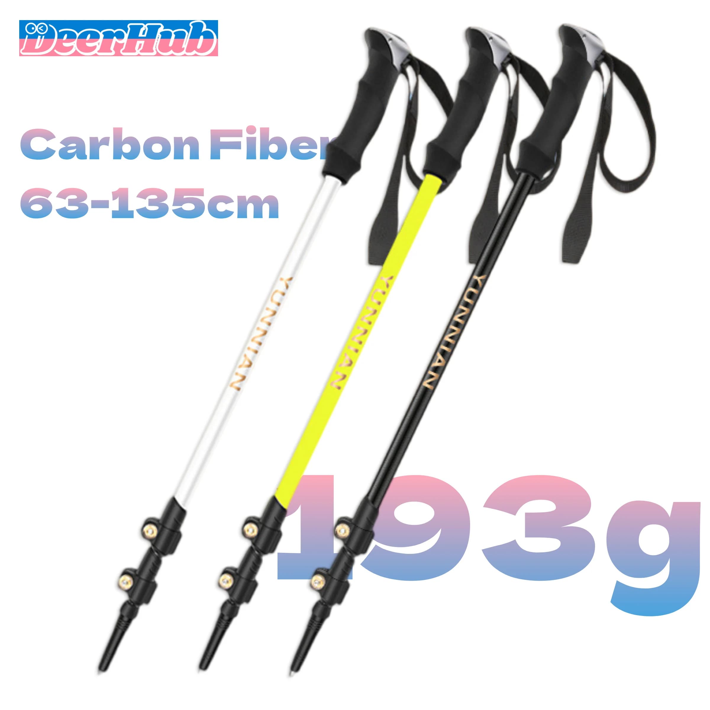 Bastoncini da Trekking DeerHub in Fibra di Carbonio, Ultra-Leggeri 193g, Regolabili 63-135cm, Pieghevoli con Punta in Tungsteno per Escursionismo e Backpacking