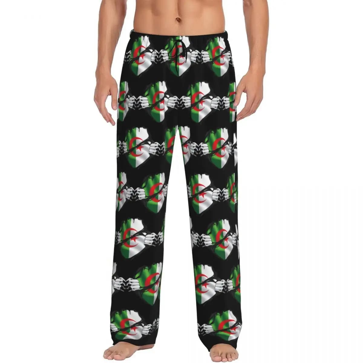 Custom Algerian Pure Blood Flag Black Pajama Pants Men Sleepwear Sleep Lounge Bottoms with Pockets