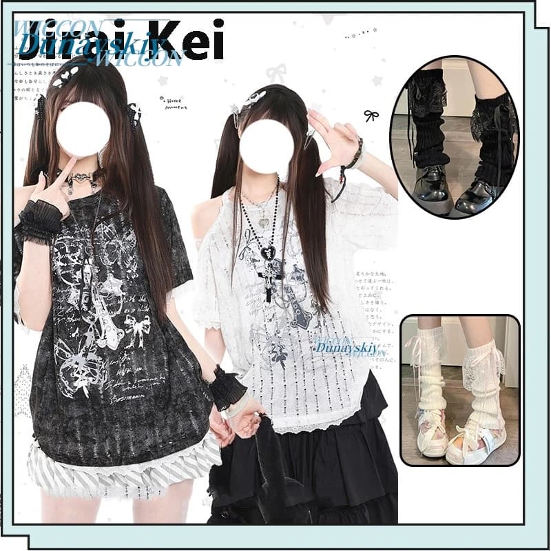 Japanese Sweet Bow Print Off Shoulder Short Sleeve T-Shirt Jirai Kei Summer Loose Casual Mini Skirt Set Lolita Lace Leg Warmers