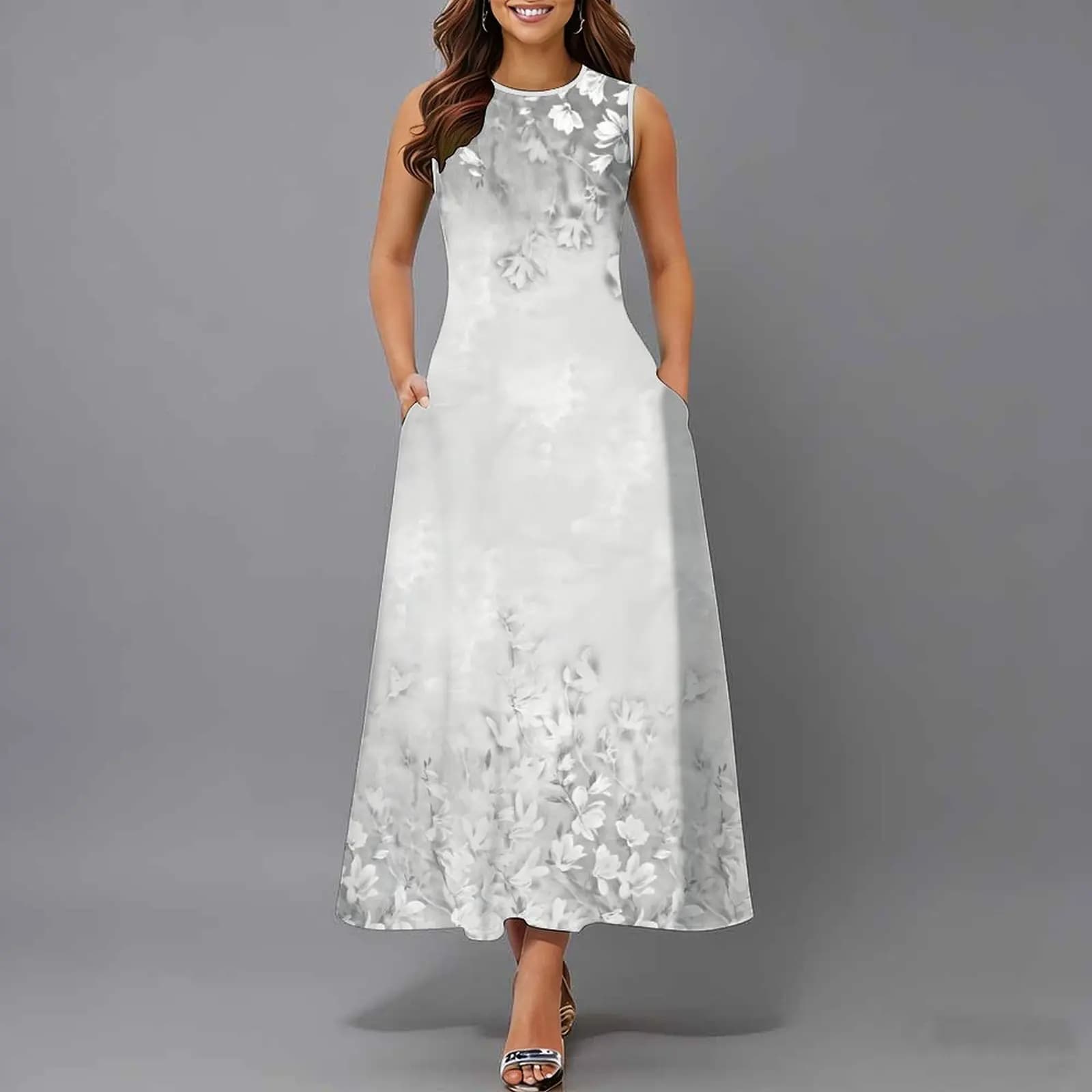 Women Sleeveless Long Maxi Dress With Pockets 3D Oil Painting Print Casual Loose Summer Vacation Party Sundress