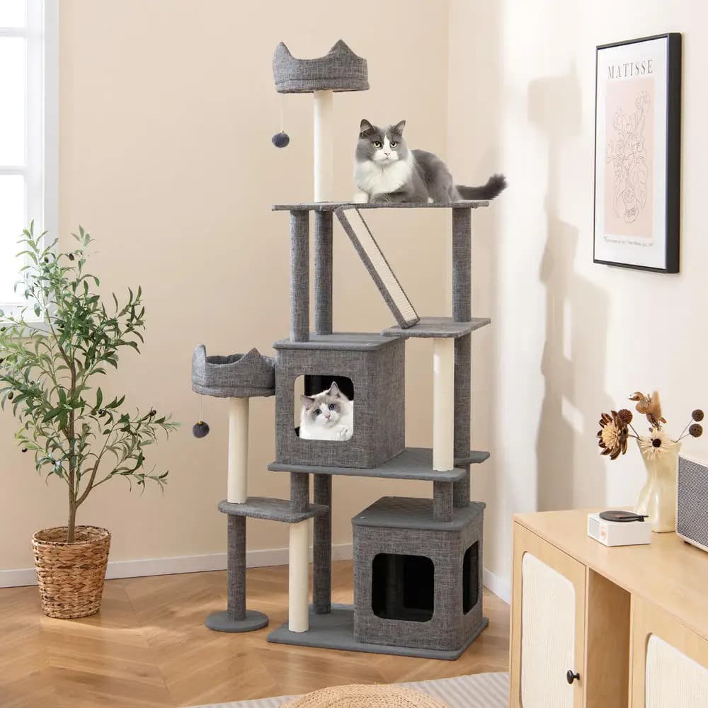 180cm Tall Cat Tree, Multi-Level Large Cat Tower With Scratching Posts And Perches, Indoor Activity Furniture For Multiple Cats, Grey